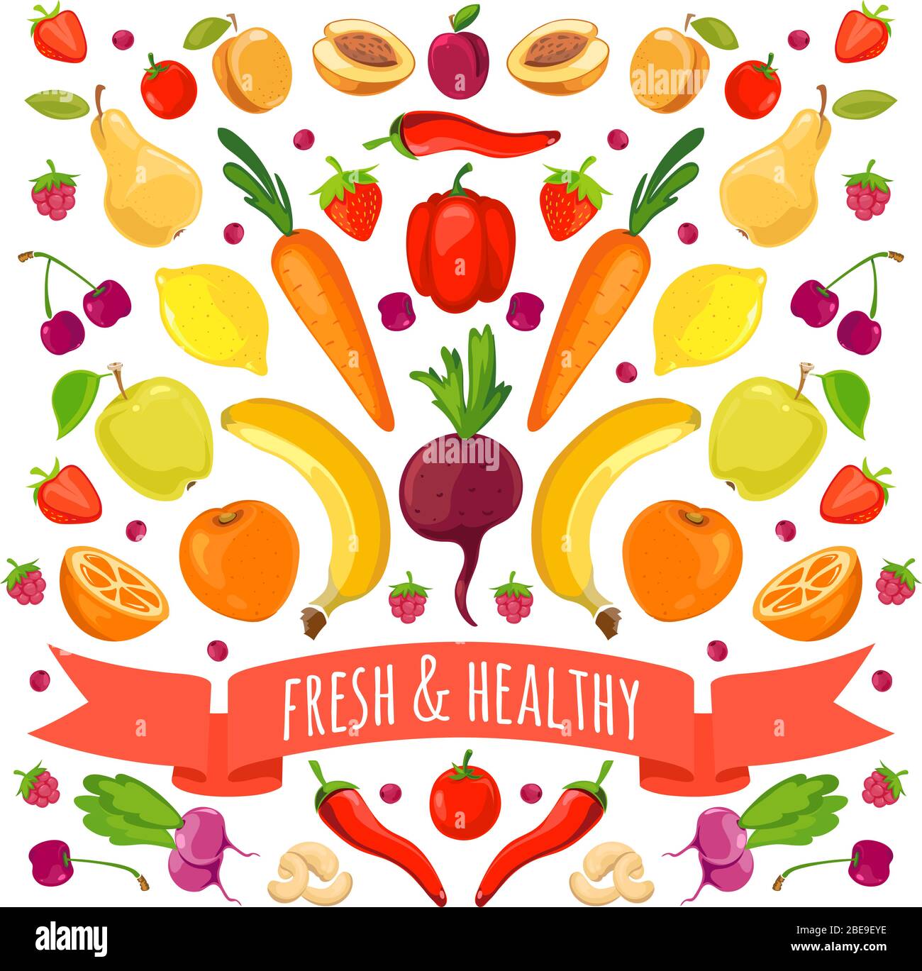 Vector illustration of colorful vegetables and fruits. Vector flat illustration Stock Vector