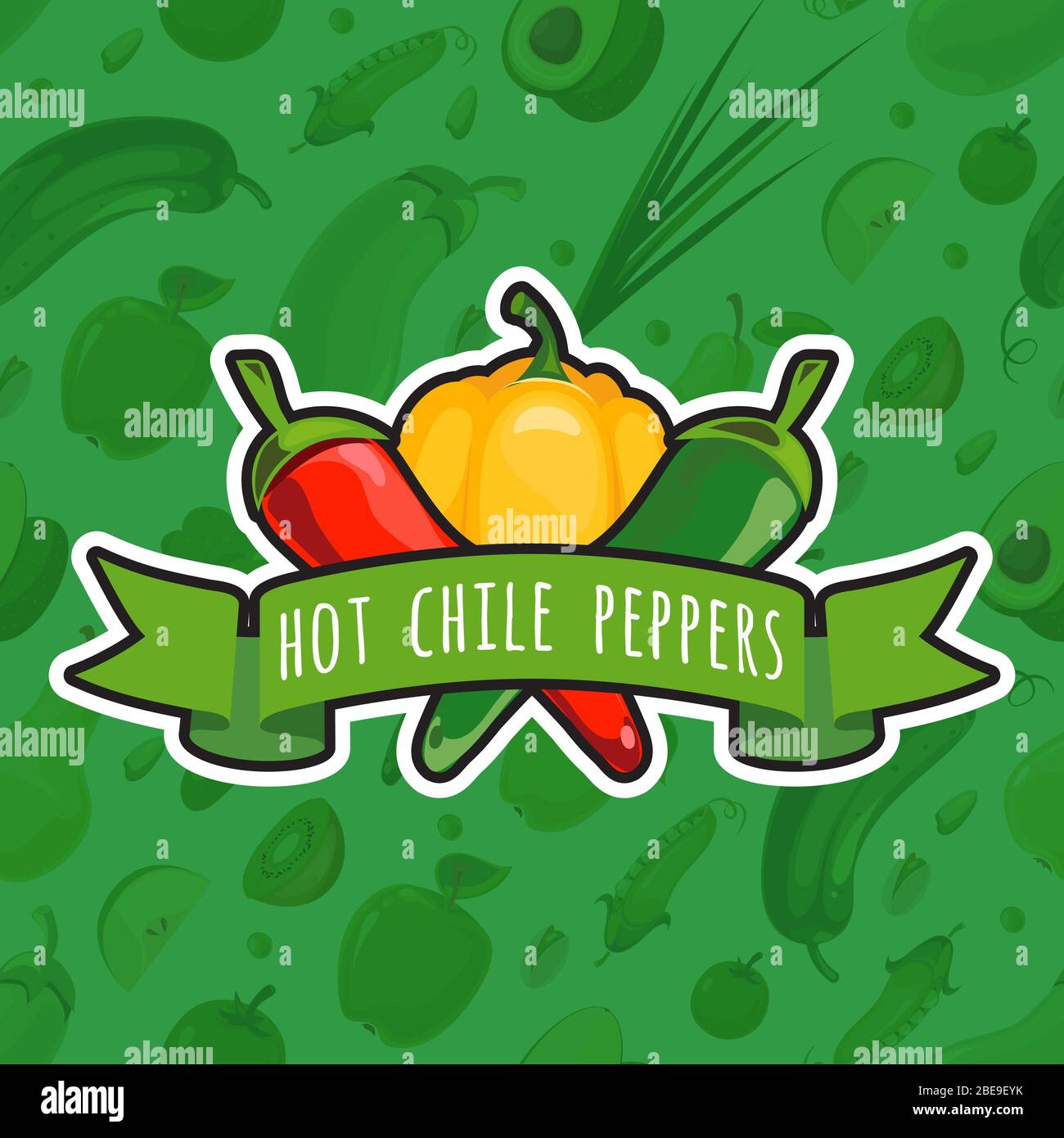 Vector emblem with colorful peppers. Mexican green fresh pepper illustration Stock Vector