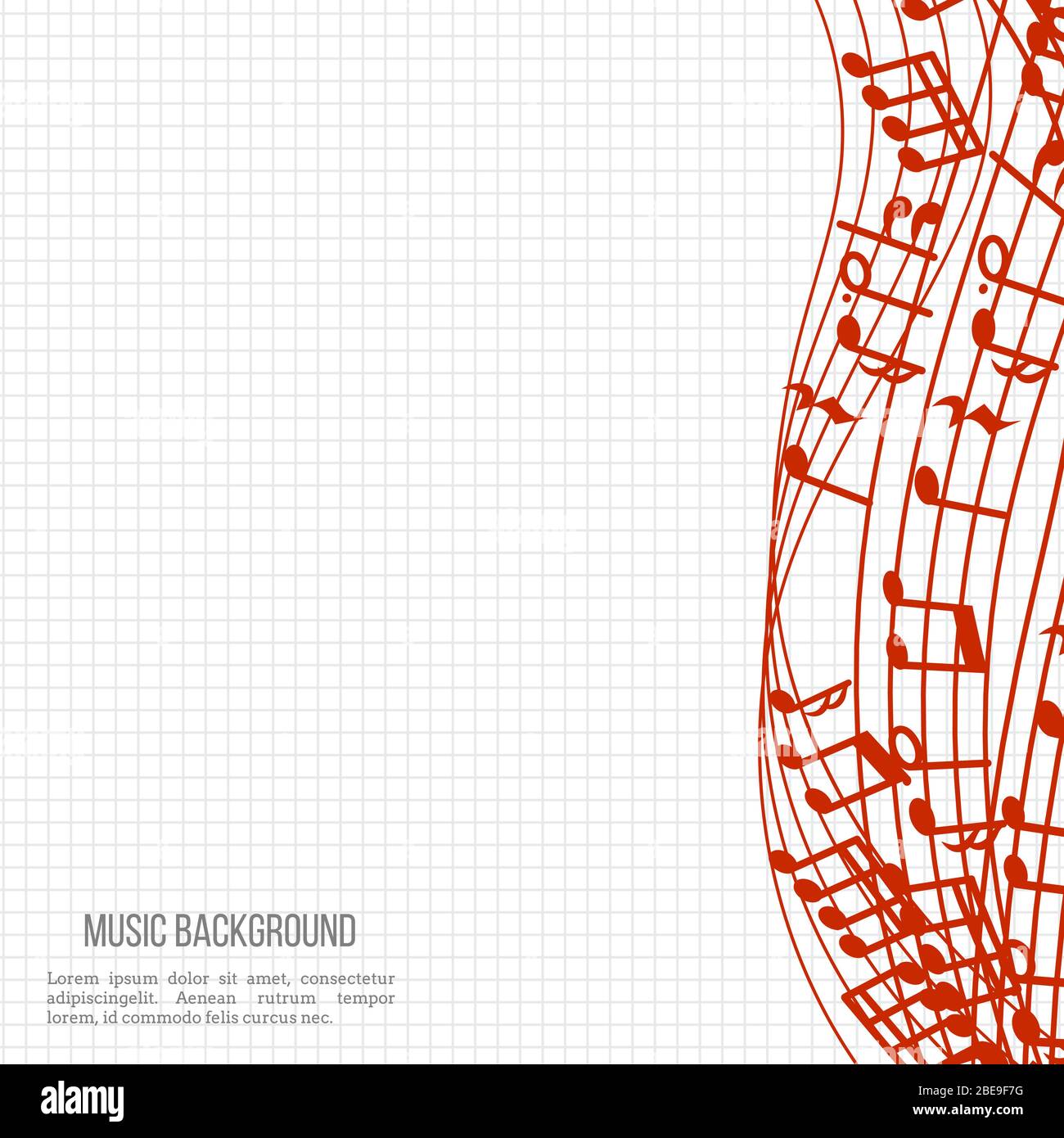 Notebook music background with red music notes and waves. Vector illustration Stock Vector