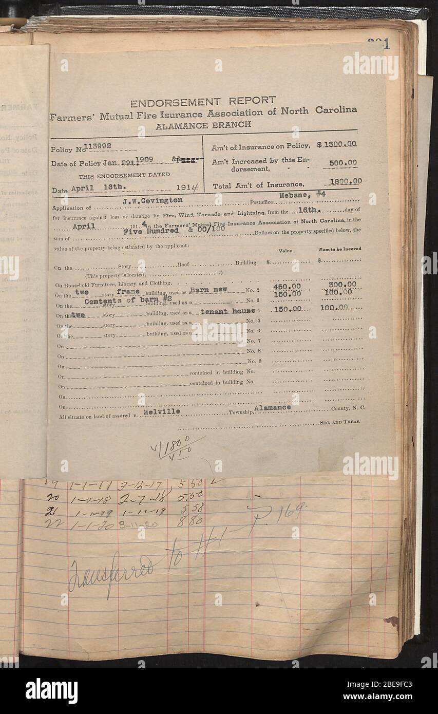 'Alamance County Farmers Mutual Fire Insurance Records Book B; Contains accounts of bills paid, endorsement reports, and statements of Mortgagee Clauses with Full Contribution (New York Standard). Accounts of note are:Joseph A. Nicholson, Green, Griffin & McClure, Graham Canning Co., L.N. Williams, S.E. Woody, Peter M. Coble, James P. Harden, J.H. McPherson, King & Turner, J.W. Stainback for Cross Roads (Presbyterian) Parsonage, Hawfields (Presbyterian) Manse, Cook, Hinshaw & Williams, Dr. C.E. Spoon, George F. Thompson, Mrs. Sarah A. Thompson, Hub Milling Co., Sartin & Wilkins (Stoney Creek M Stock Photo