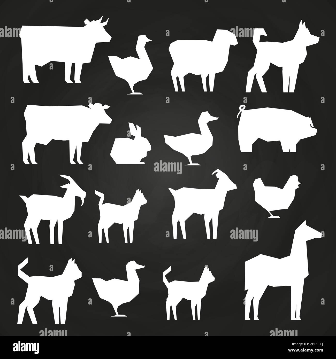 White farm animals silhouetes icons on black background. Vector illustration Stock Vector