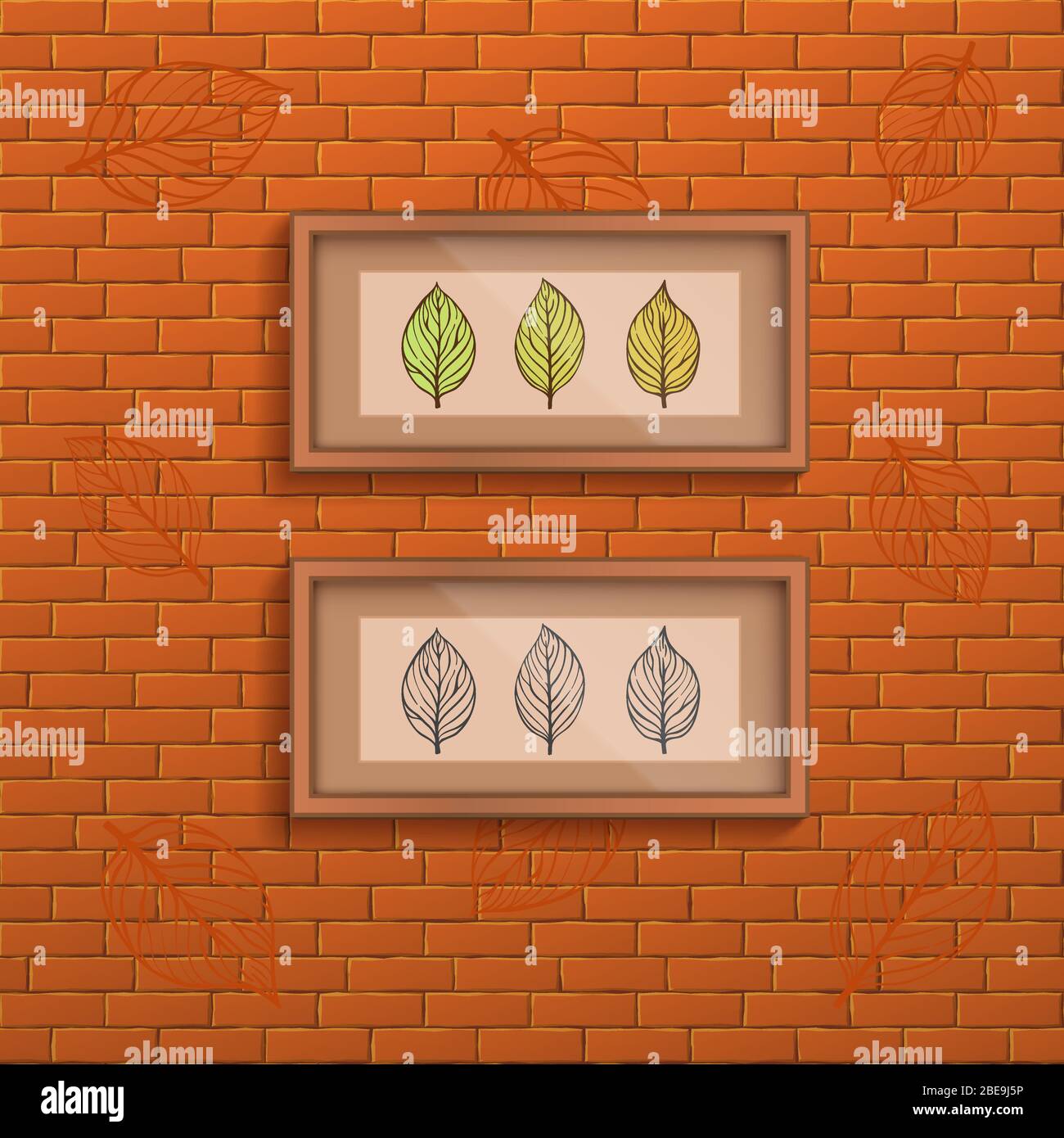 Decorative brick wall background with two interior frames with doodle leaves picture. Vector illustration Stock Vector
