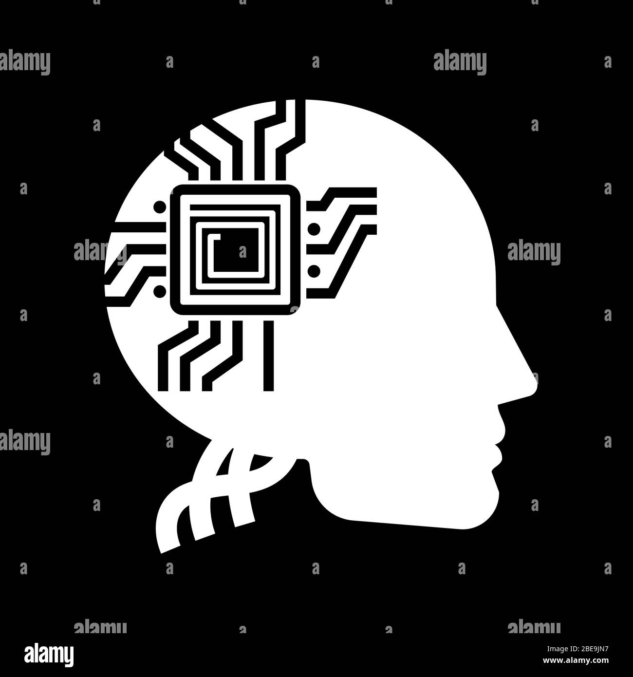 White human shape with microchip on black backdrop - future of people label design. Vector illustration Stock Vector