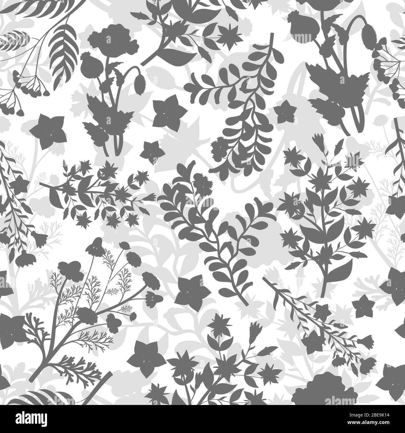 Grey floral seamless pattern design. Background with plants, vector illustration Stock Vector