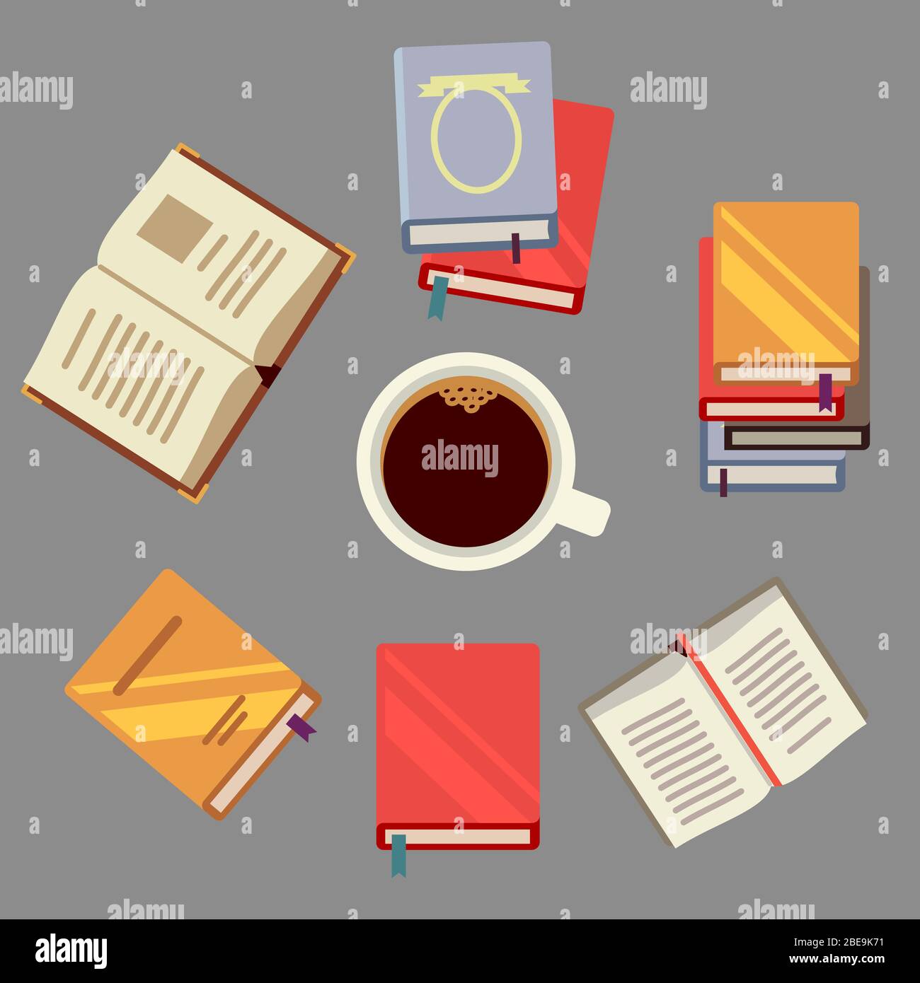 Read books and drink coffee - students concept with books and cup of coffee. Work paper on table. Vector illustration Stock Vector