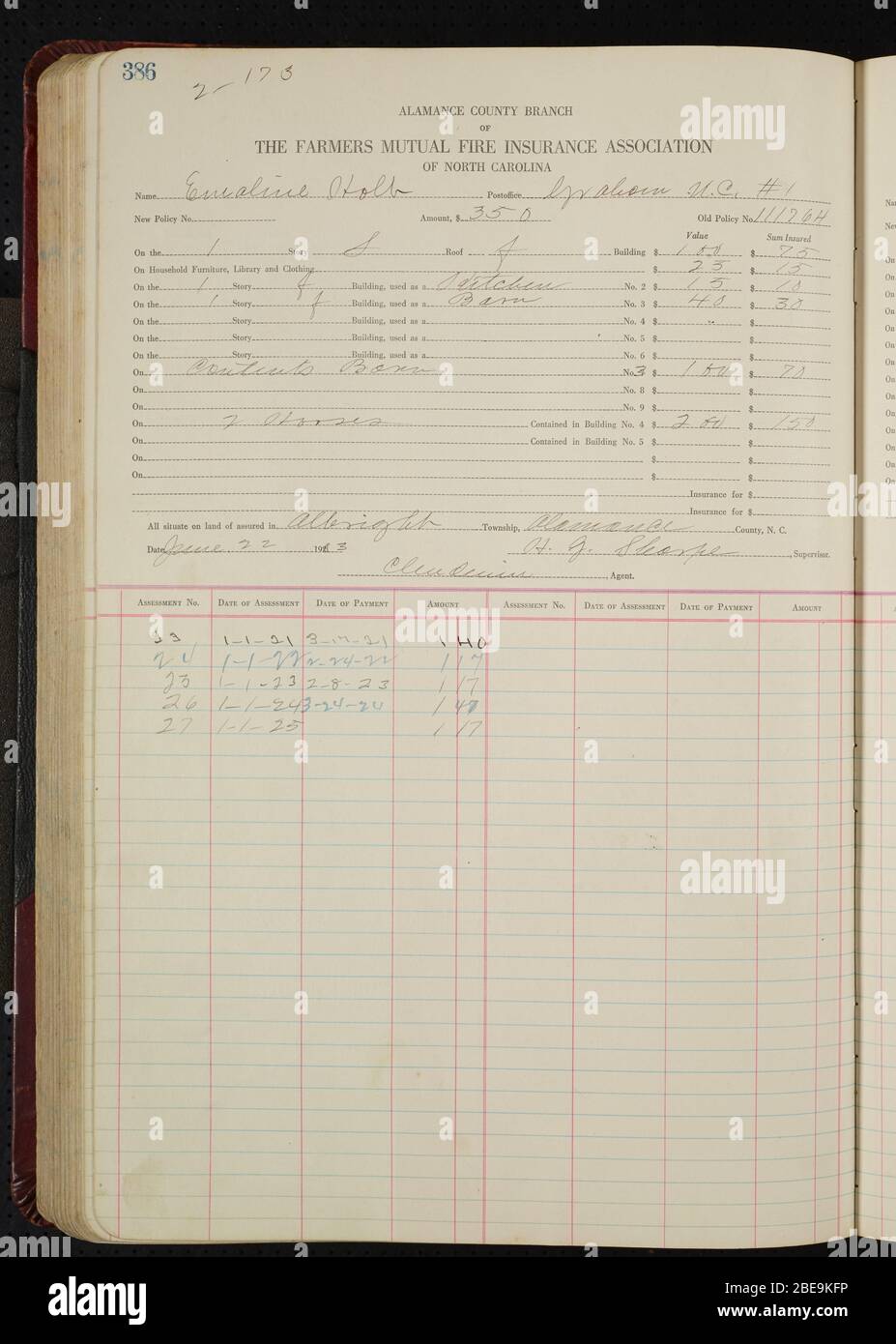 'Alamance County Farmers Mutual Fire Insurance Records Volume 1; Contains accounts of bills paid, endorsement reports, and statements of Mortgagee Clauses with Full Contribution (New York Standard). See also North Carolina Farmer's Mutual Insurance Records Index.; 1921; 1932; ' Stock Photo