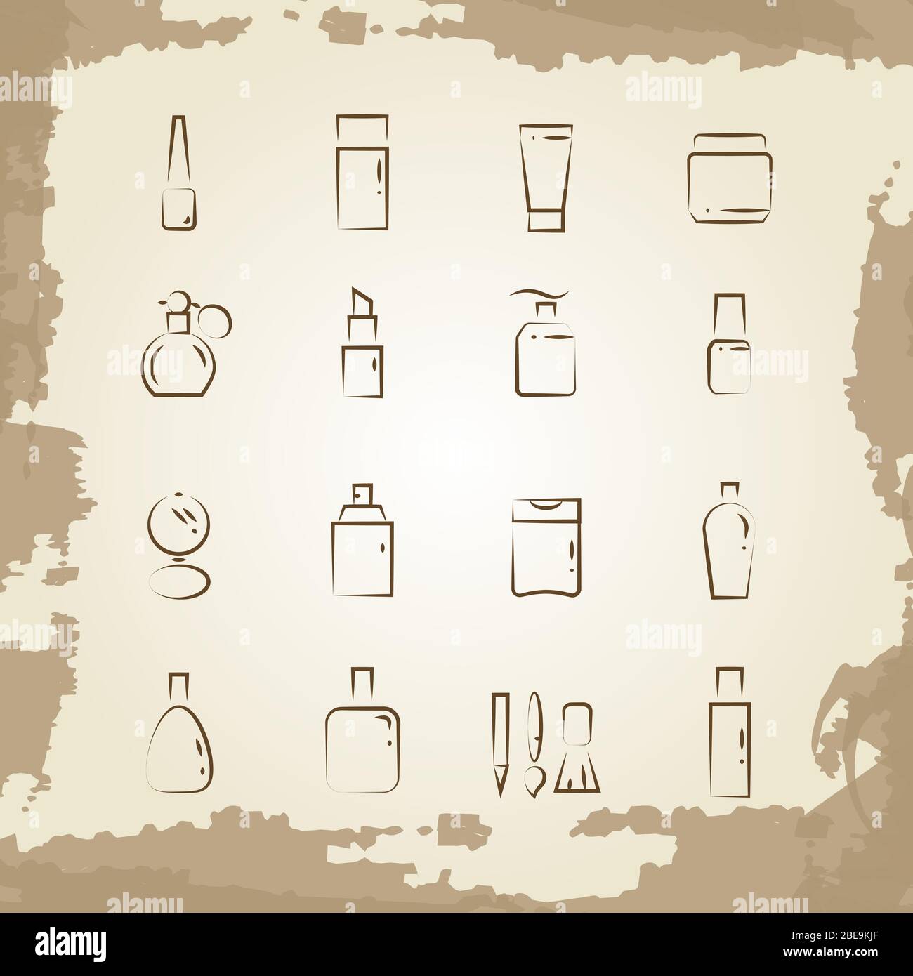 Vintage line icons cosmetics bottles and equipments. Cosmetic elements, vector illustration Stock Vector