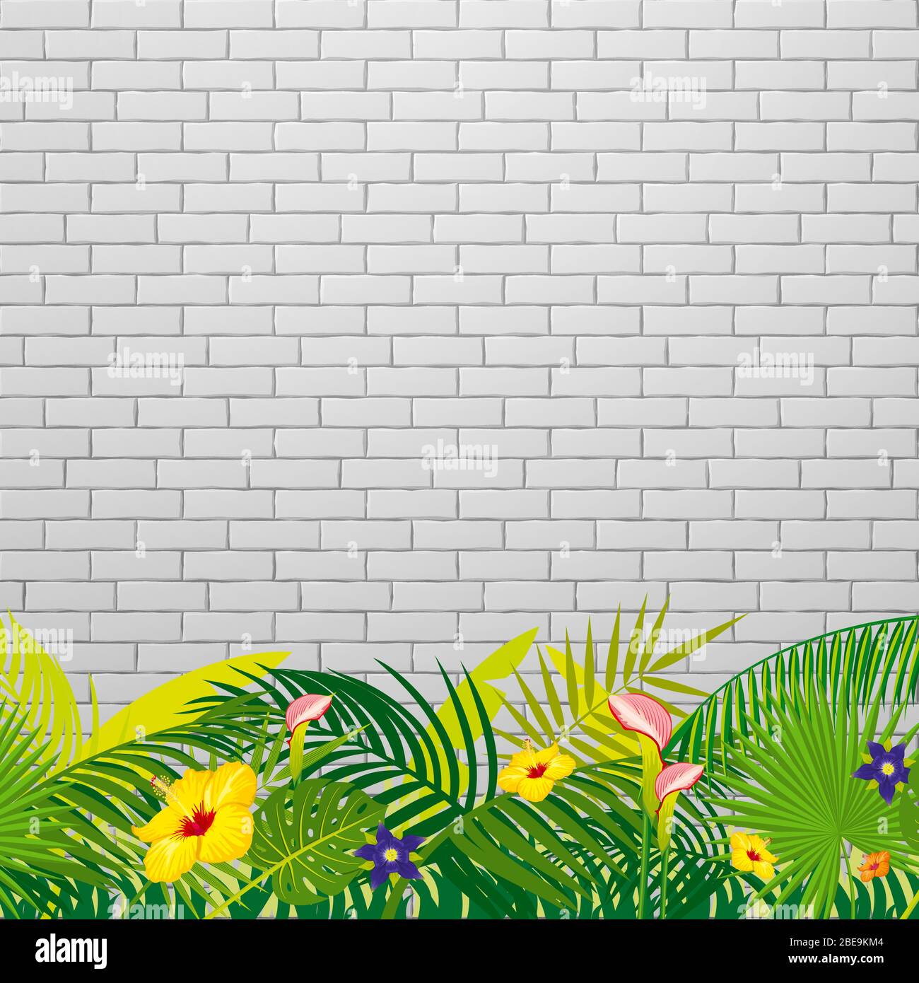 White brick wall background with tropical leaves and flowers. Vector illustration Stock Vector