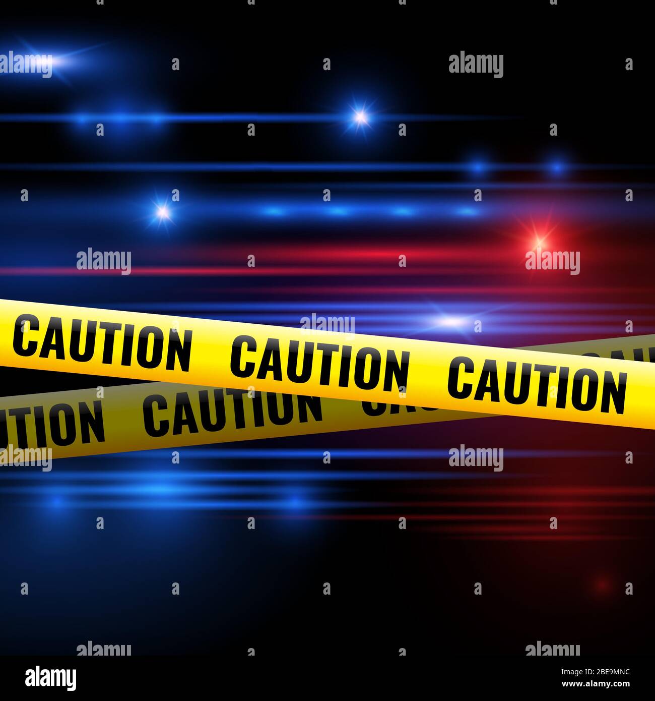 Police lights and caution tapes. Yellow caution ribbon for isolation crime scene. Vector illustration Stock Vector