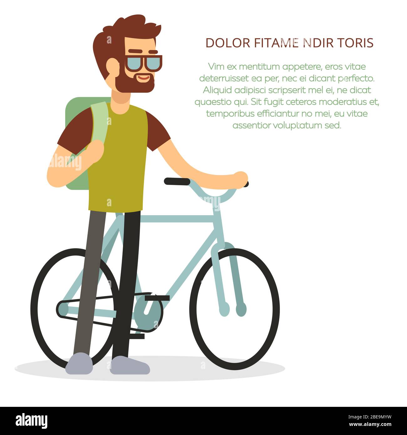 Eco travel concept - man with bicycle and backpack. Active travel with bicycle. Vector illustration Stock Vector