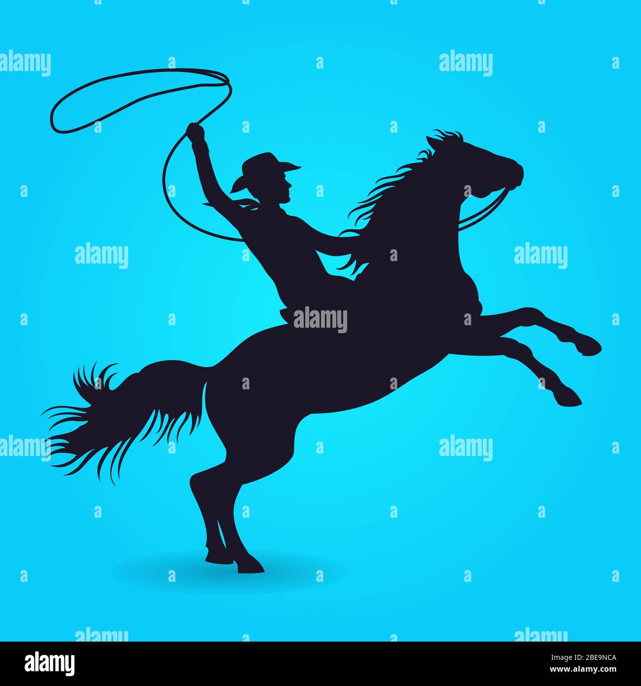 Silhouette of cowboy with lasso riding on horse. Silhouette of male rider cowboy with lasso. Vector illustration Stock Vector