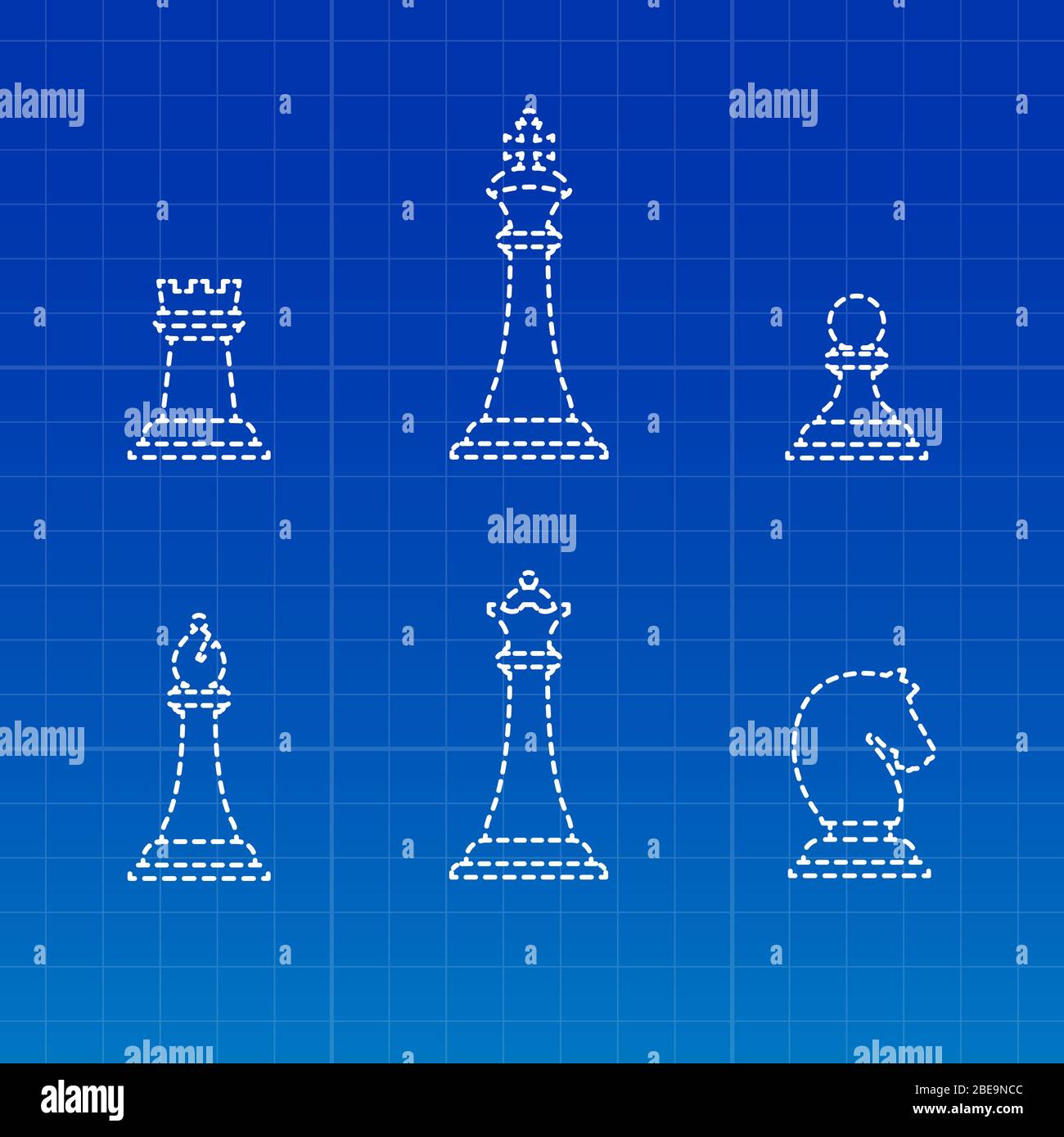 White chess pieces silhouettes on blue notebook backdrop. Vector illustration Stock Vector