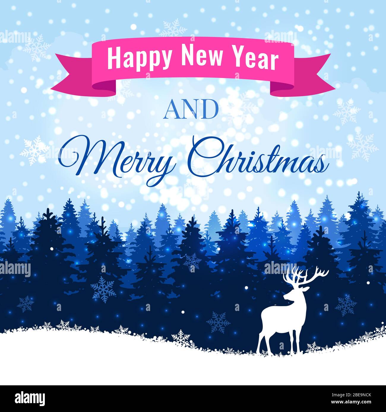 Christmas background with deer and winter forest. Winter holiday christmas and new year illustration vector Stock Vector