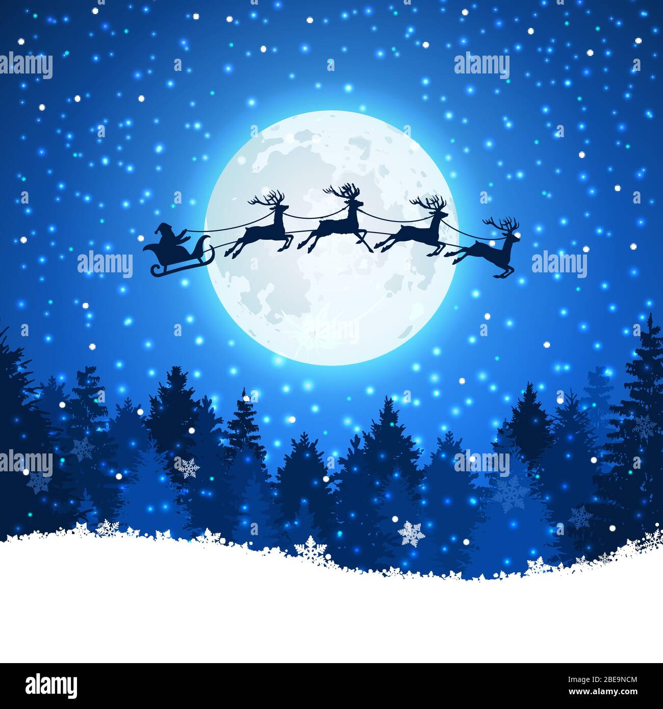 Christmas background with Santa and deers flying on the sky. Xmas concept reindeer and santa claus illustration Stock Vector