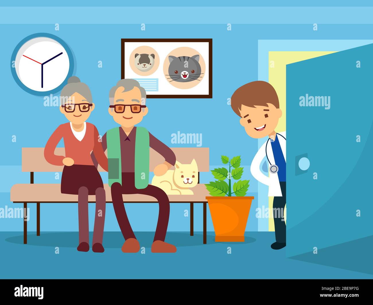 Elderly couple and cat at veterinarian. Veterinary clinic, vector illustration Stock Vector