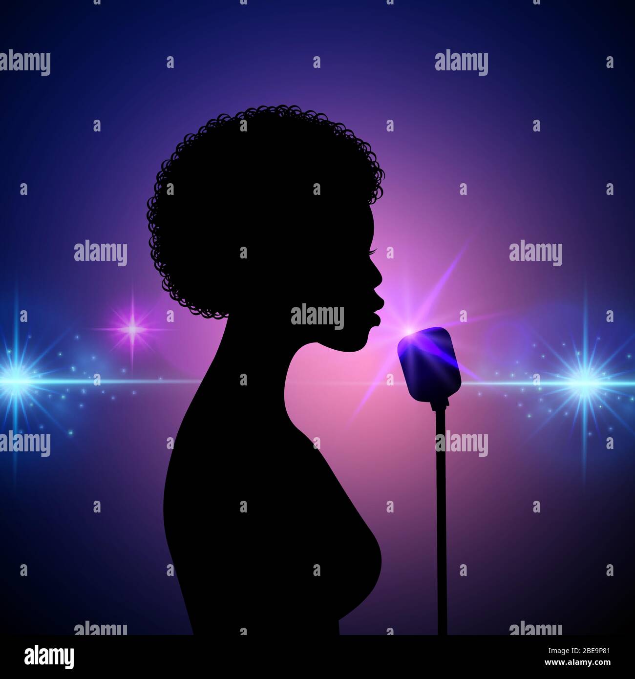 Silhouette of a female singer on an abstract background. Vector performer woman on concert, girl performing on stage illustration Stock Vector