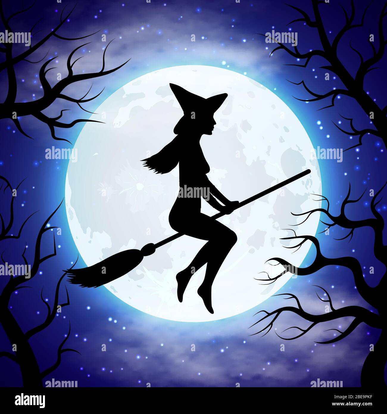 Silhouette of witch flying on the broom in Halloween night. Halloween witch on broom. Vector illustration Stock Vector