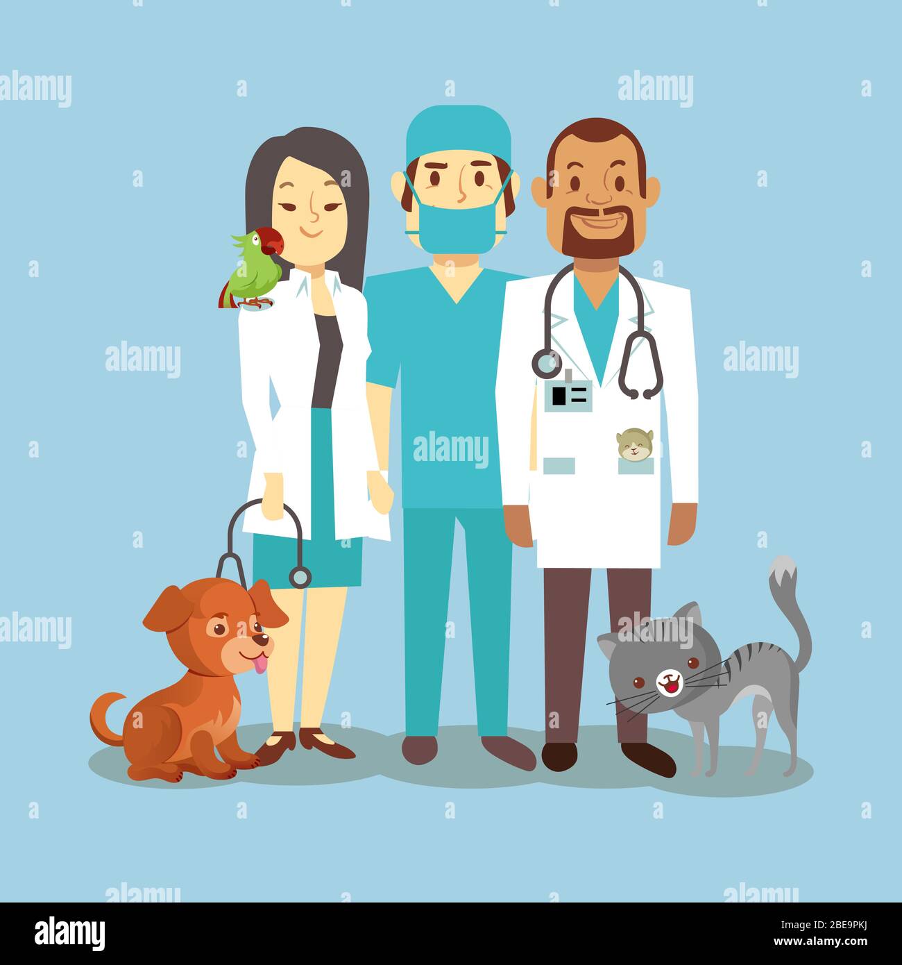Veterinarian staff with cute pets isolated on blue. Veterinary doctor with animals dog and cat. Vector illustration Stock Vector