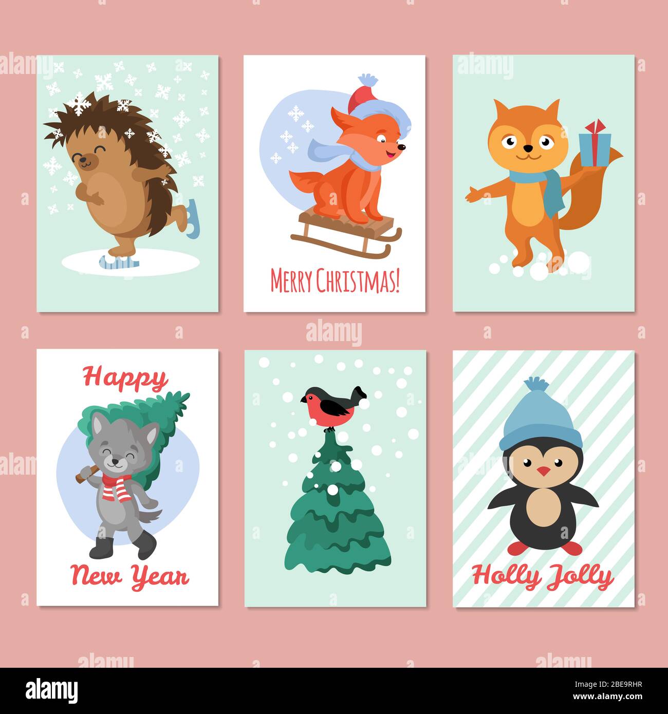 Happy new year vector flyers. Merry christmas postcard with cute winter animals. Xmas card with penguin and hedgehog, wolf and bird illustration Stock Vector