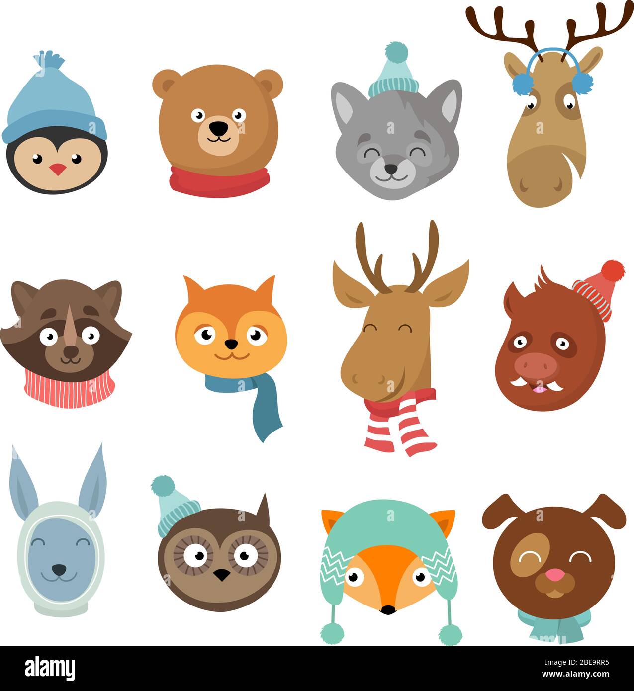 Winter xmas happy animals cartoon characters. Animals heads with neckerchief and hats vector set. Winter character animals illustration Stock Vector