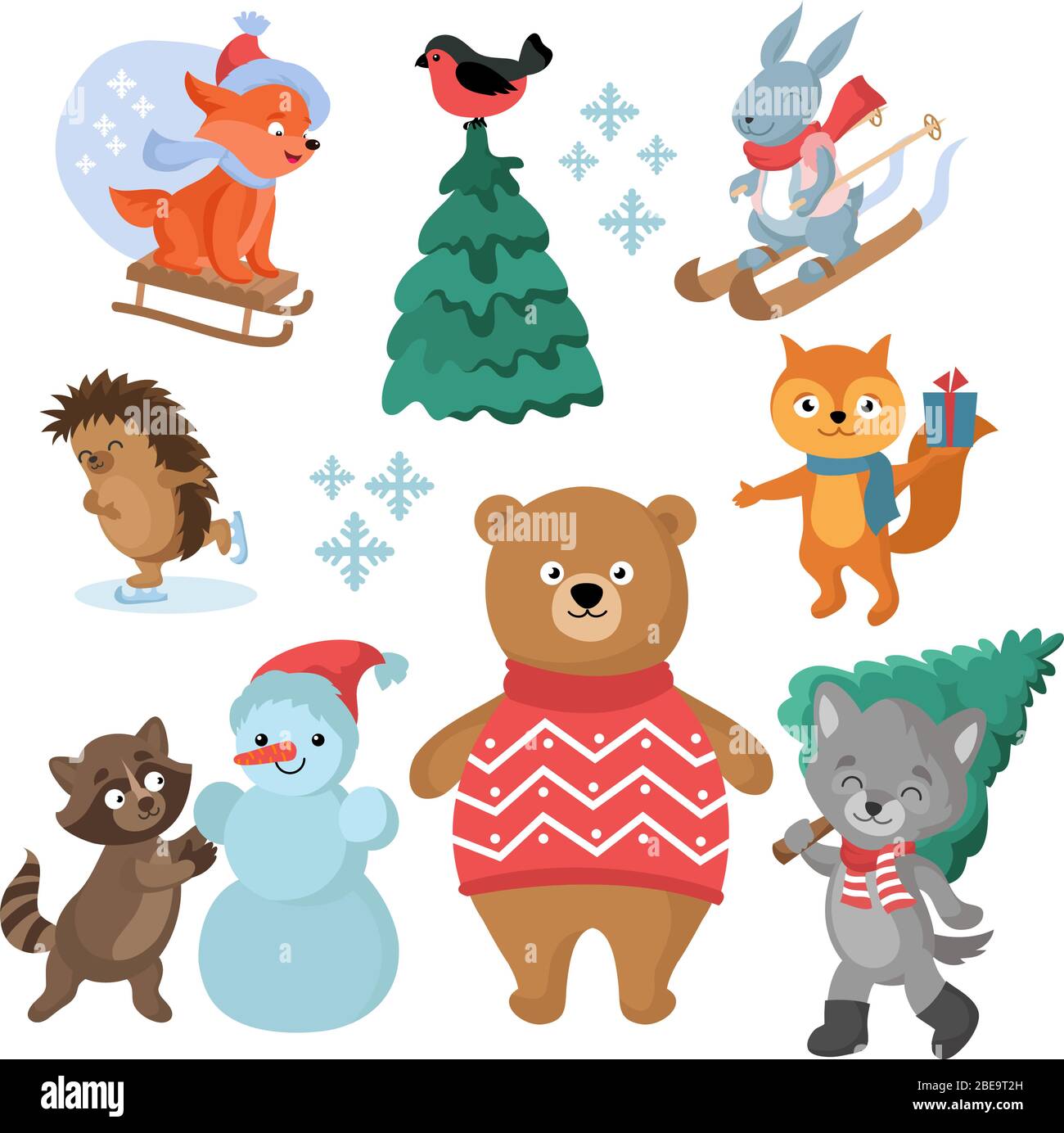 Christmas and winter holiday funny animals vector collection. Christmas animal and snowman illustration Stock Vector