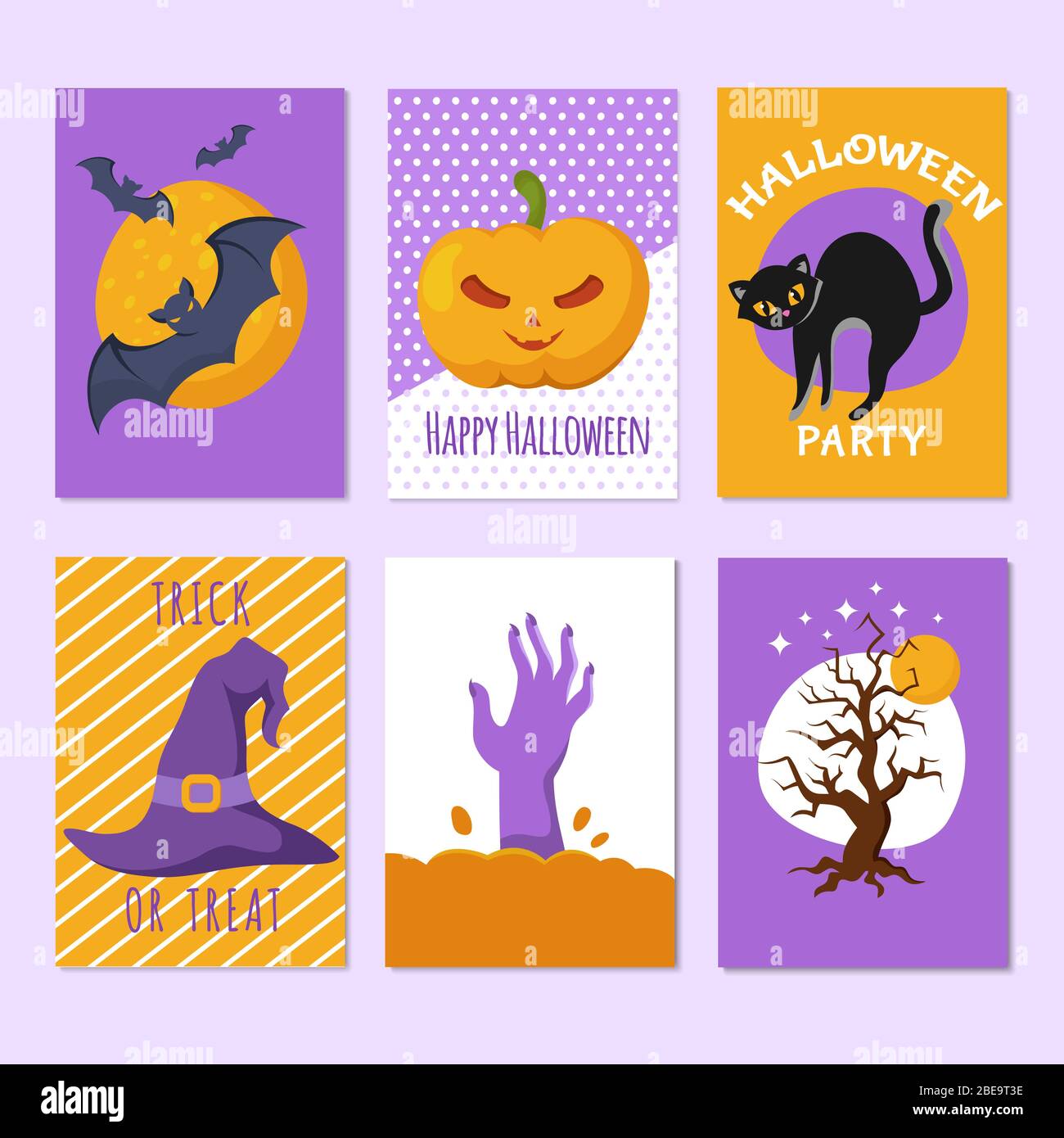 Halloween party posters and invitation cards with cartoon scary signs and characters. Horror backgrounds vector set Stock Vector