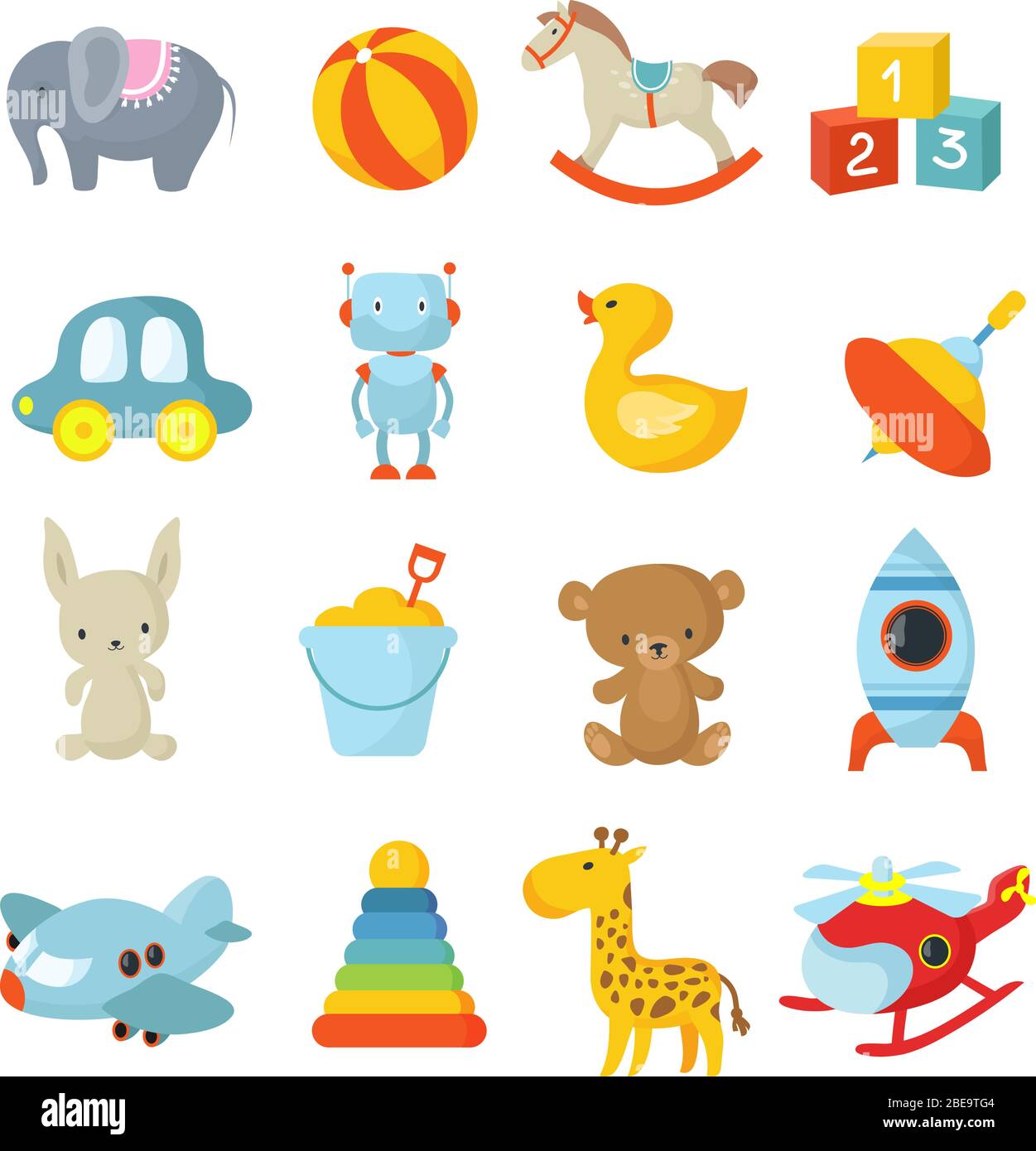 Cartoon children toys vector icons collection. Kids toys icon, teddy and duck, car and ball, airplane and helicopter illustration Stock Vector