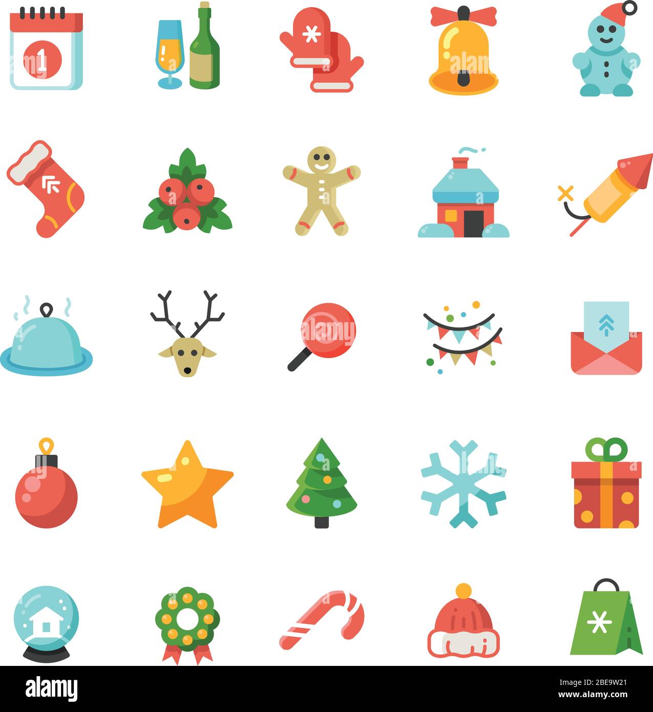 Funny christmas and new year holiday cartoon flat vector icons. Christmas elements icon collection illustration Stock Vector