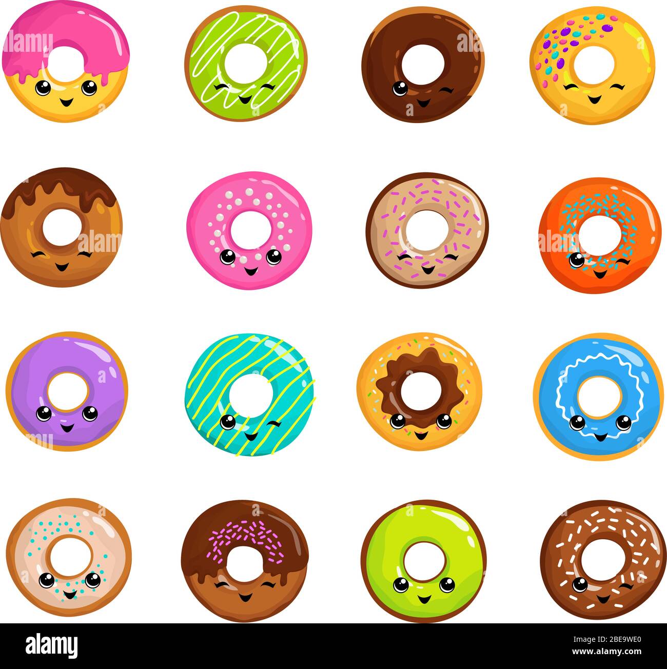 Cute sweets donuts in japanese kawaii style vector set. Donut food sweet, delicious tasty cream pastry illustration Stock Vector