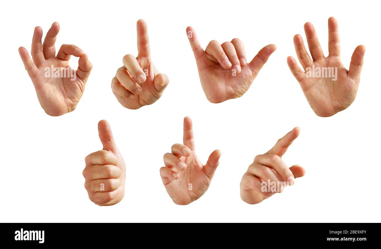 collection of seven male hand signs isolated in white background Stock Photo