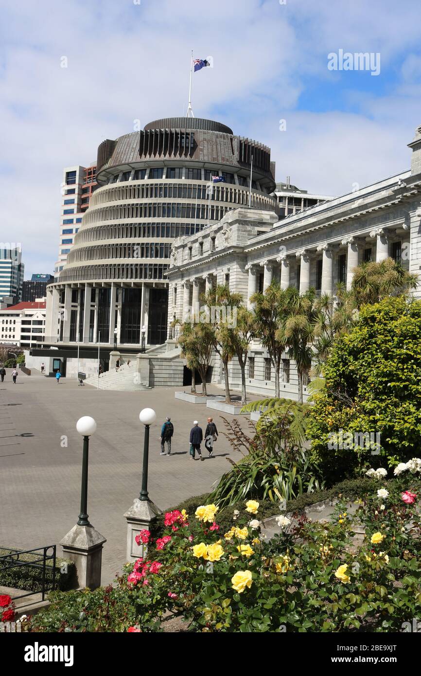 View, past rose garden, along front Parliament House to Beehive