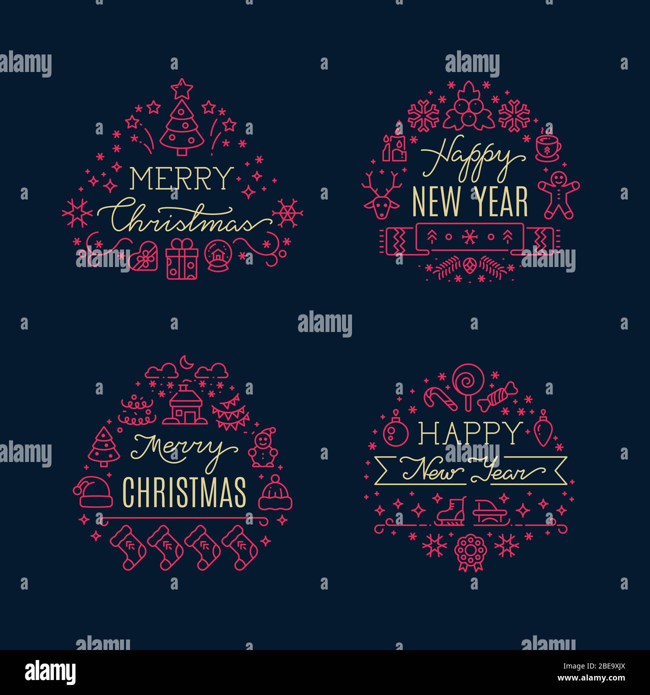 Merry christmas greeting scripts with xmas holiday line icons. Vector set winter holiday badge illustration Stock Vector