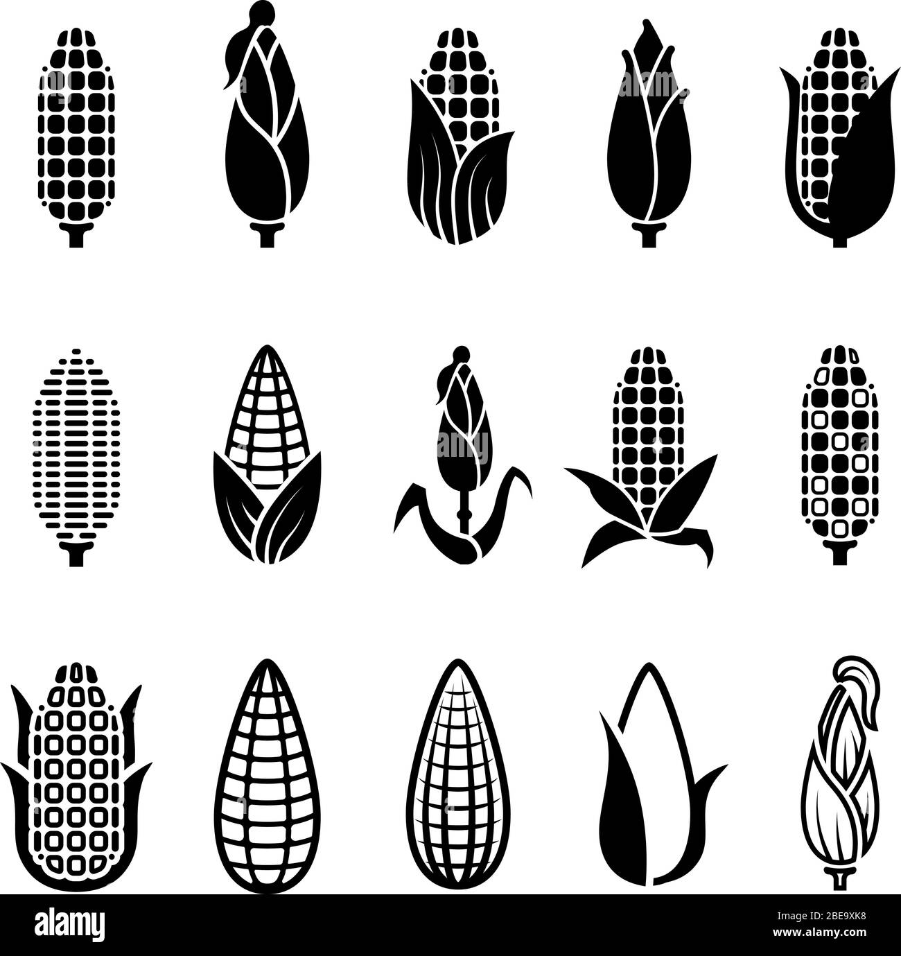 Fresh corn harvest vector icons set. Maize corn, illustration of fresh harvest corncob monochrome Stock Vector