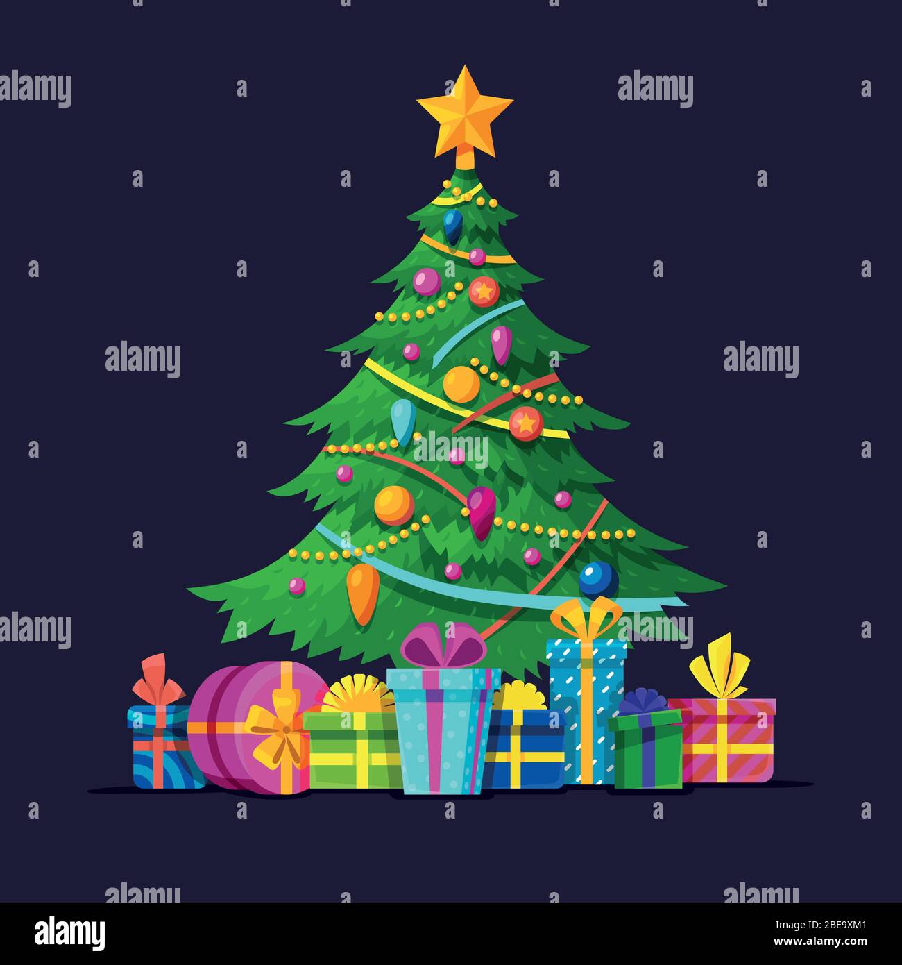 Christmas tree with bulbs, gifts and xmas balls flat vector illustration. Christmas gift and celebration xmas winter, holiday Stock Vector