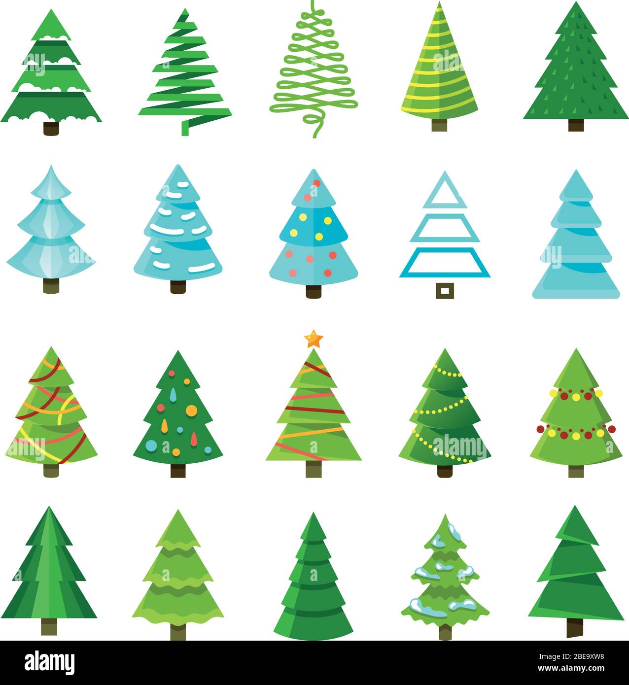 Flat christmas winter trees with festive xmas decoration vector collection. Winter christmas tree set illustration Stock Vector