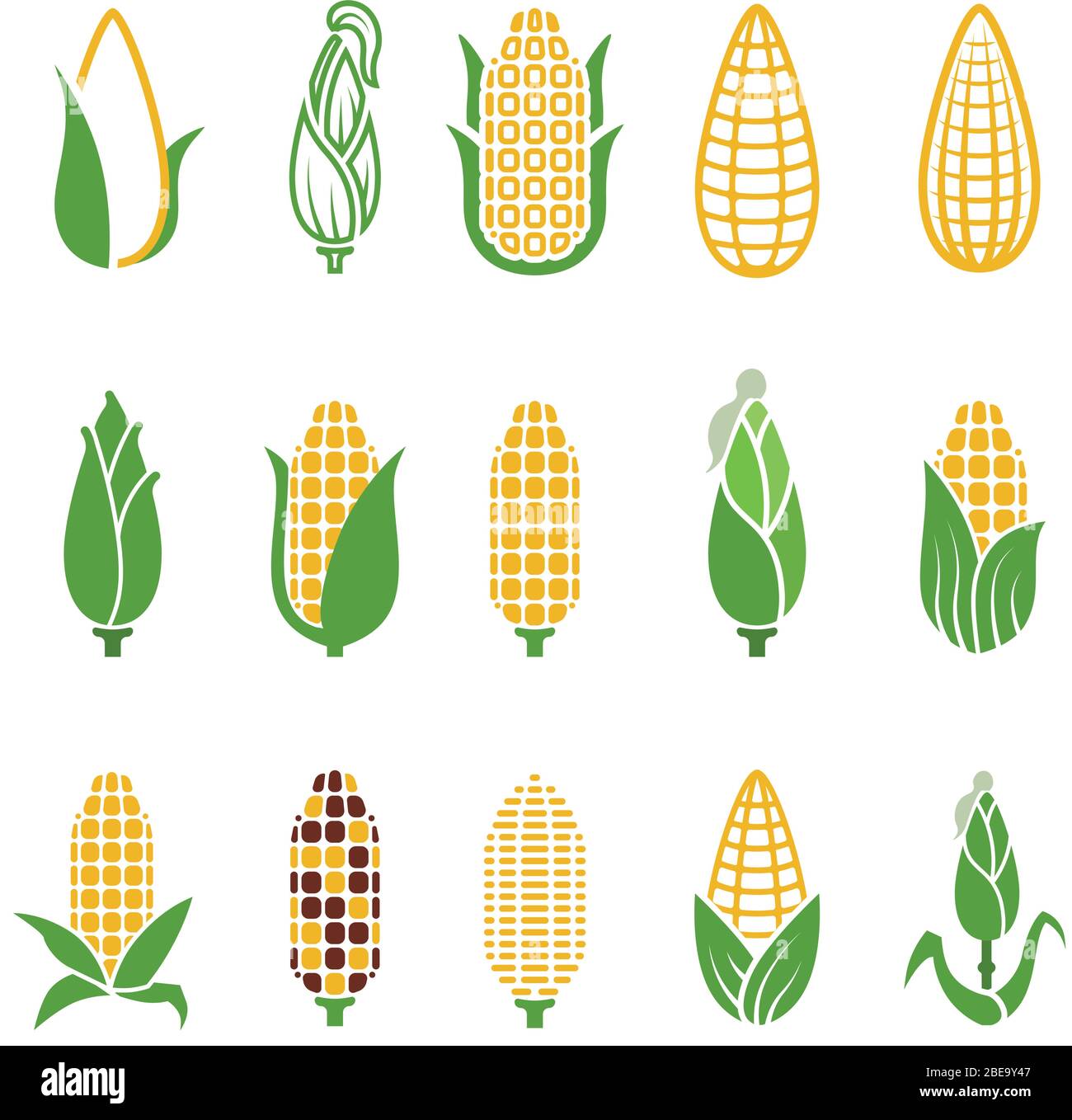 Organic corn vector icons isolated on white background. Corn and corncob vegetable organic illustration Stock Vector