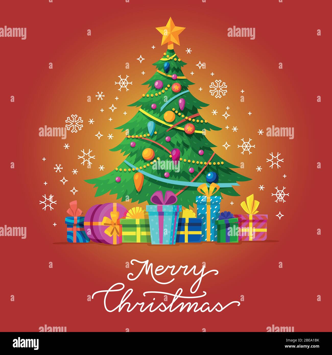 Merry Christmas vector greeting card with Xmas tree. Holiday celebration new year with tree illustration Stock Vector