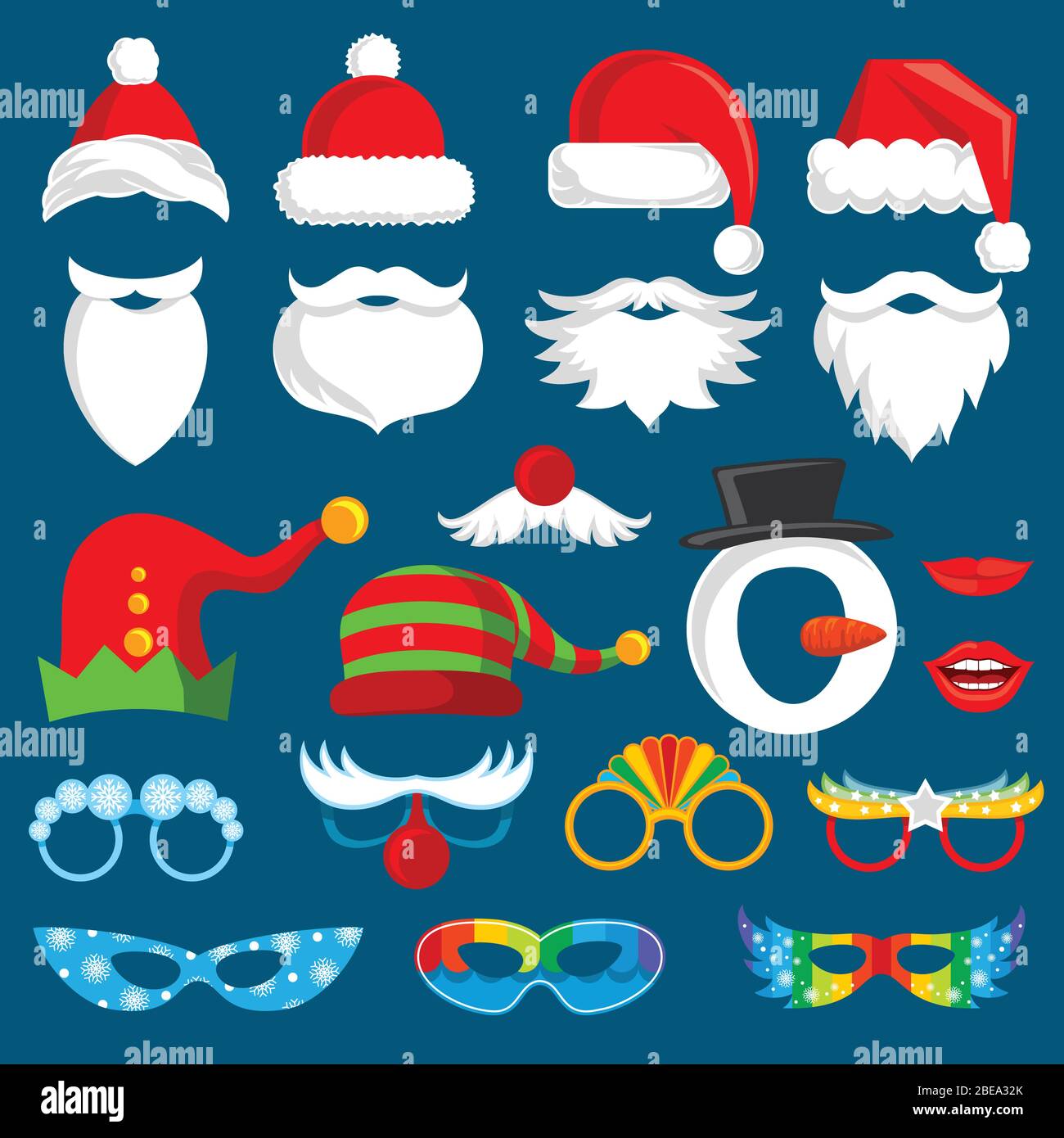 Christmas holiday photo booth props vector collection. Xmas santa party photography prop set. Xmas holiday photo booth elements costume and beard with nose illustration Stock Vector