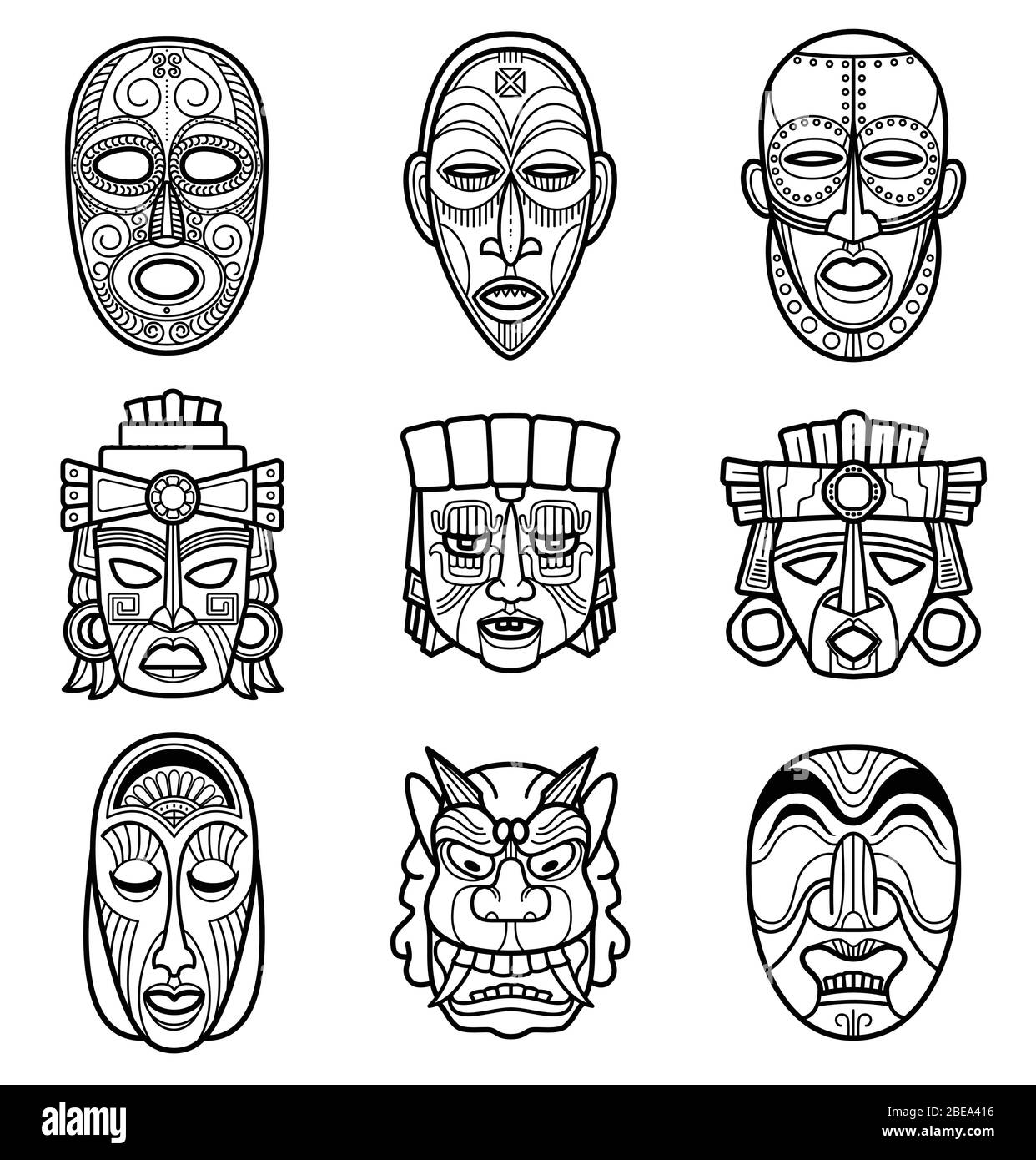 Indian aztec and african historic tribal mask set. Native face masks vector illustration Stock Vector