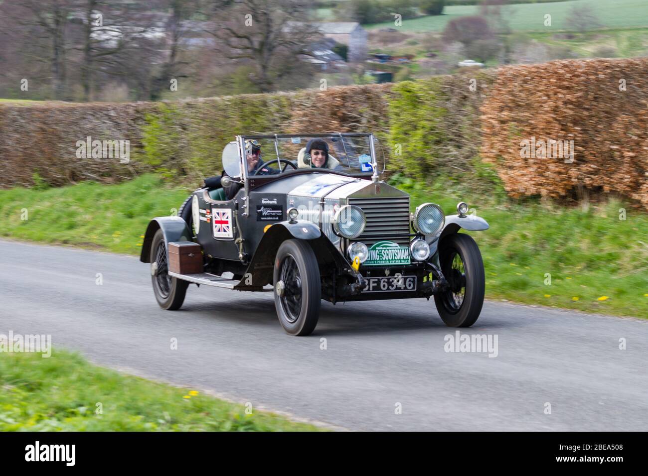 A Rolls Royce Boat Tailored Roadster climbs Southwaite Hill in Cumbria, northern England.  The car is taking part in the 11th Flying Scotsman Rally. Stock Photo