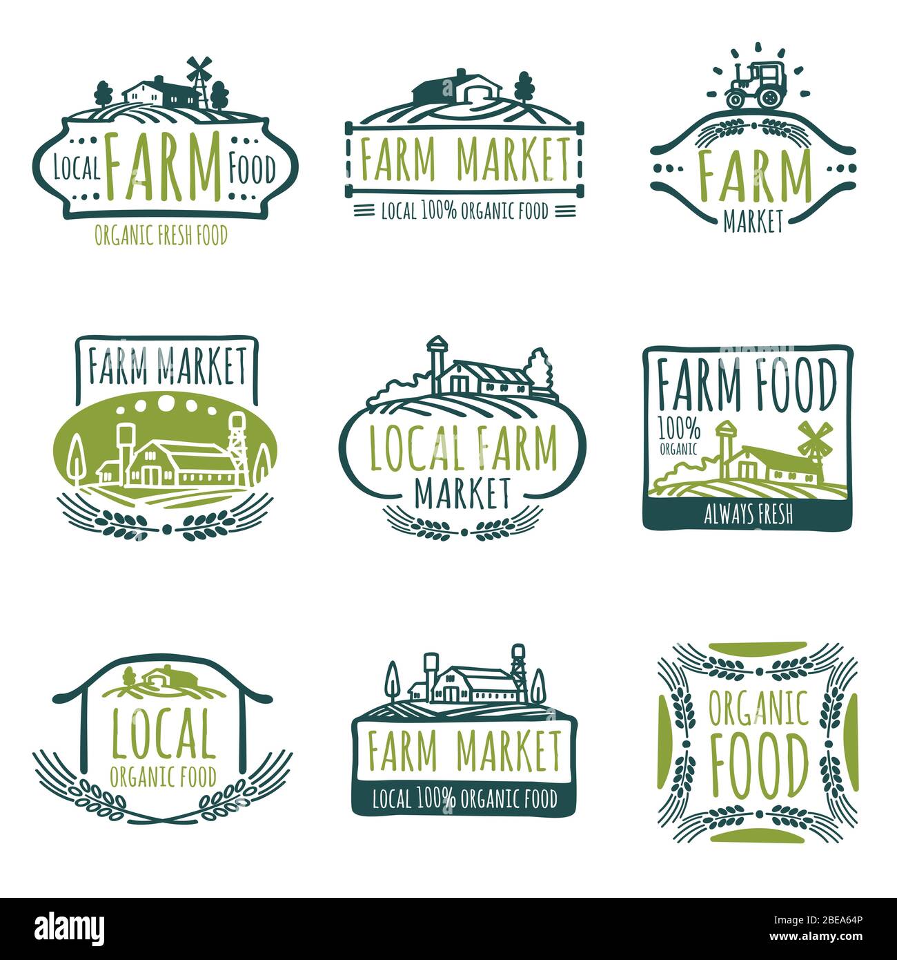 Farm and organic food vector labels. Vintage farmer badges. Food natural market product, fresh farm organic food illustration Stock Vector