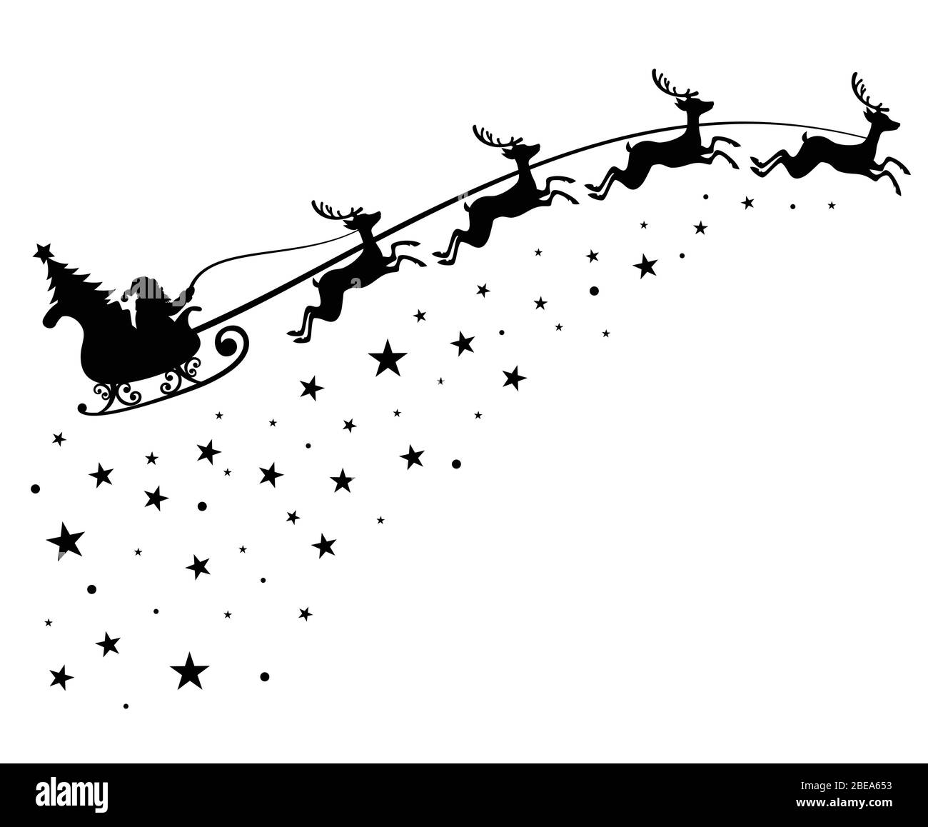 Santa Claus on sleigh flying sky with deers black vector silhouette for winter holiday decoration and Christmas greeting card. Monochrome santa claus with christmas tree in night sky illustration Stock Vector