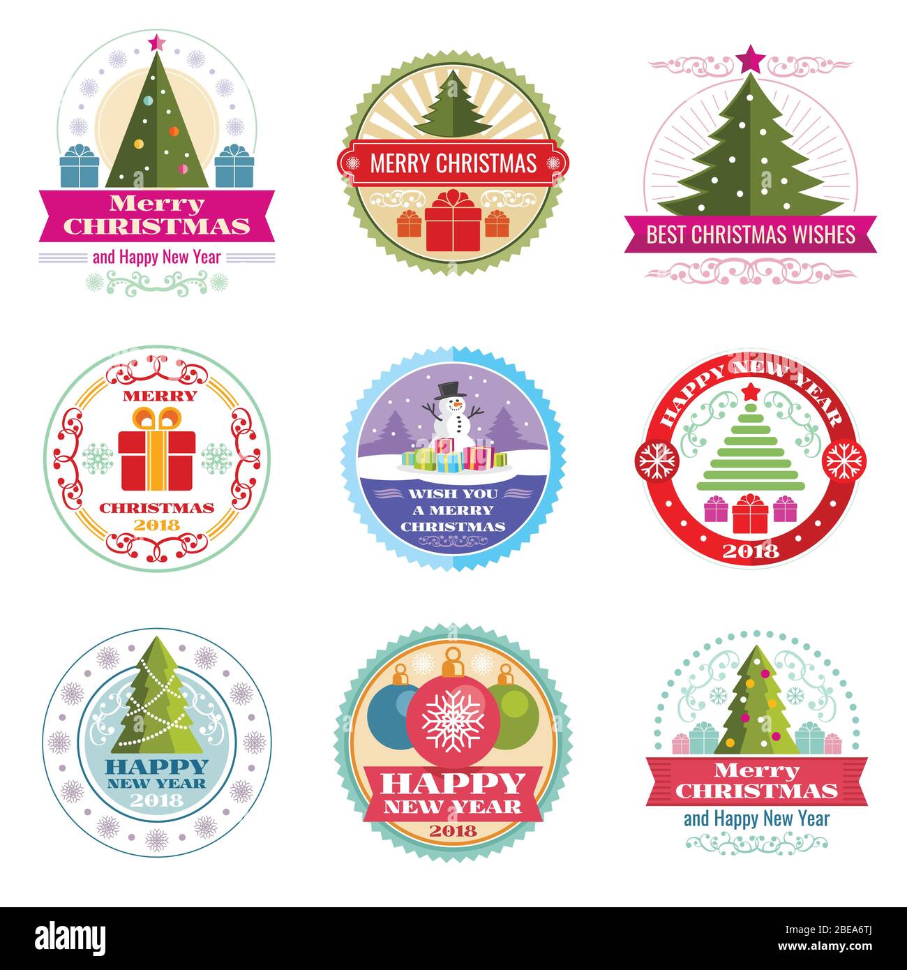 Merry christmas vector labels. Winter holiday retro emblems and logos. Flat christmas label, new year 2018 emblem illustration Stock Vector