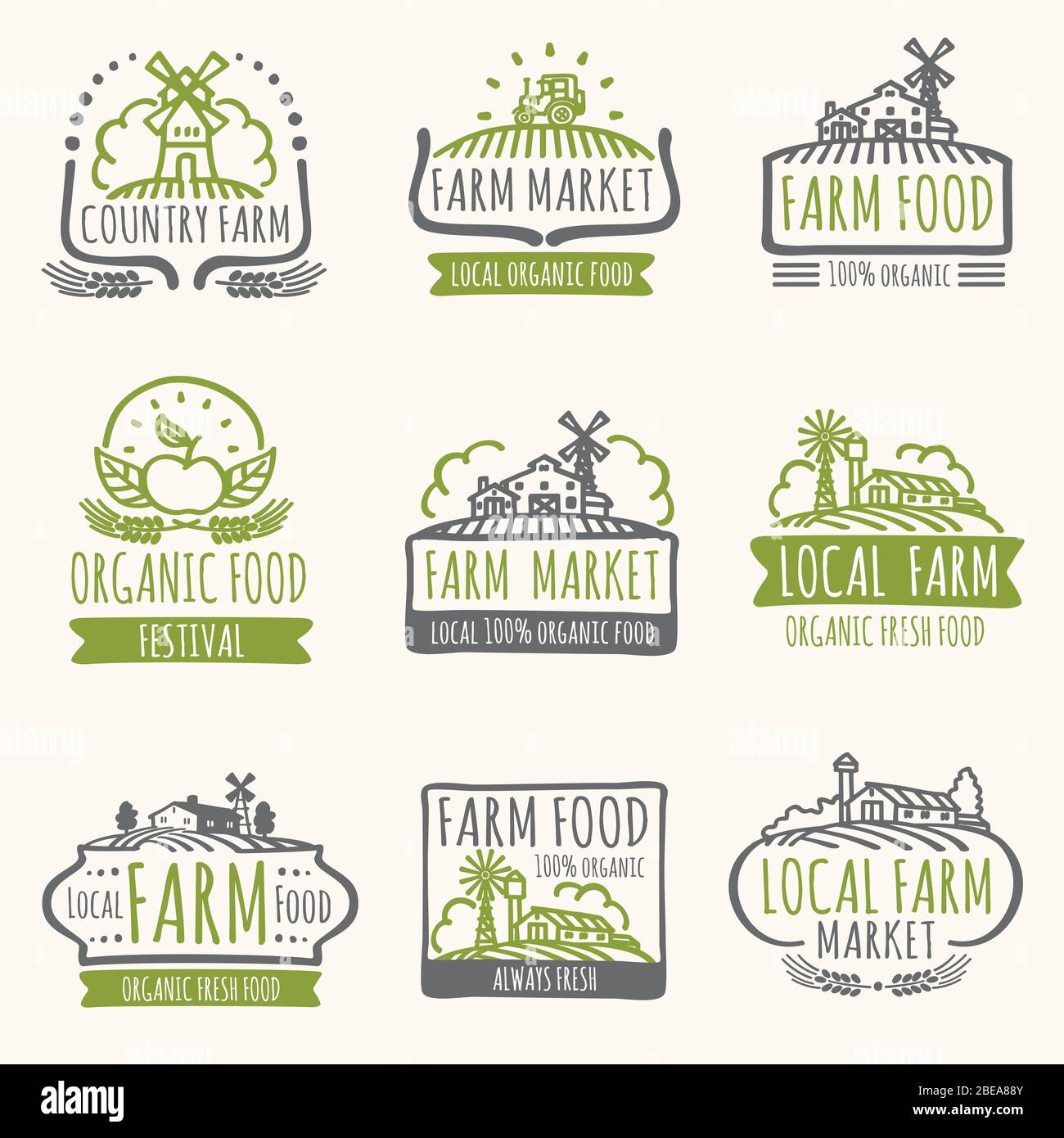Retro farm market signs. Vintage fresh organic food vector labels with harvest field. Illustration of farm organic label for natural product Stock Vector