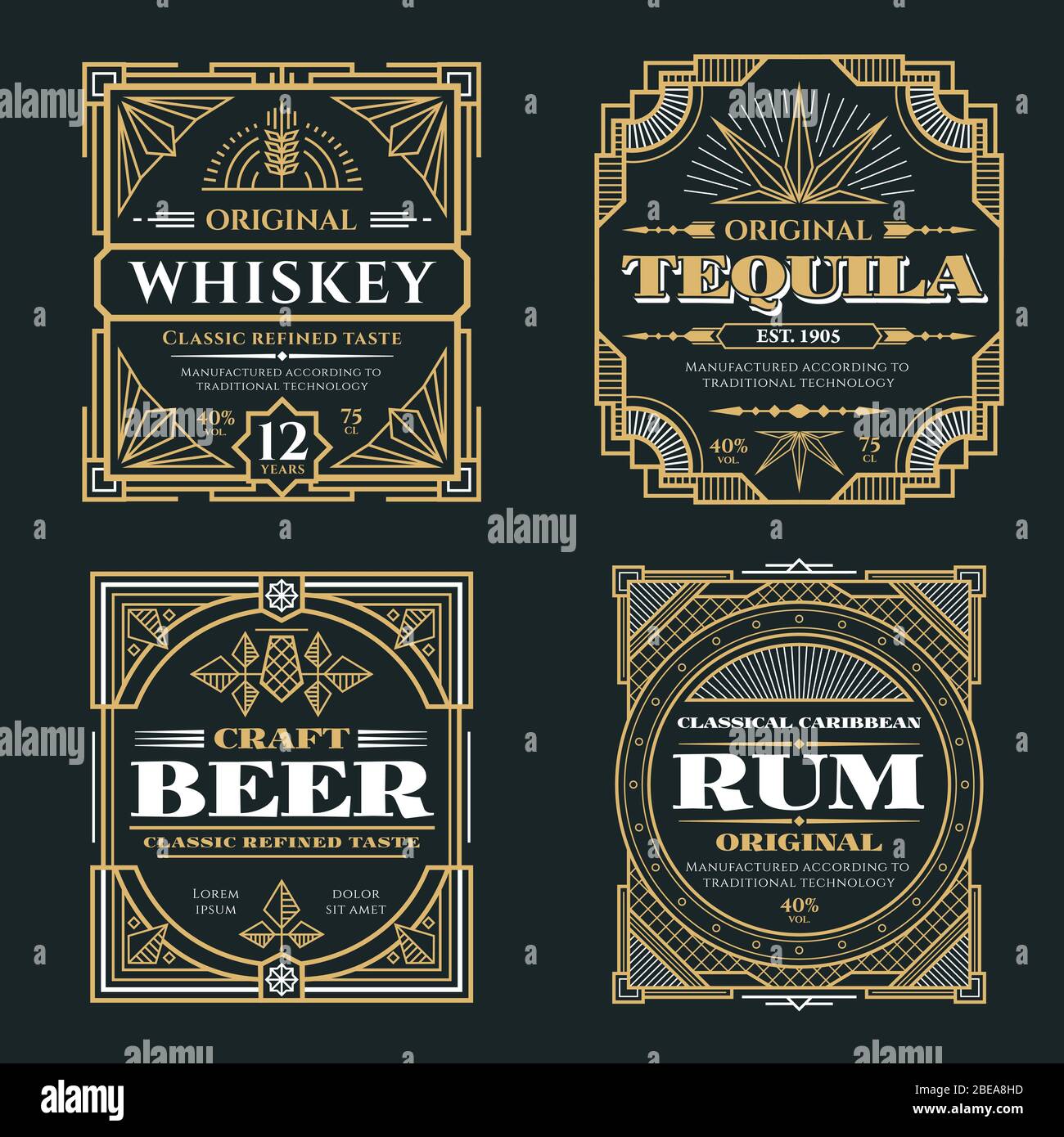 Vintage whiskey and alcoholic beverages vector labels in art deco retro style. Alcohol whiskey rum and tequila poster illustration Stock Vector