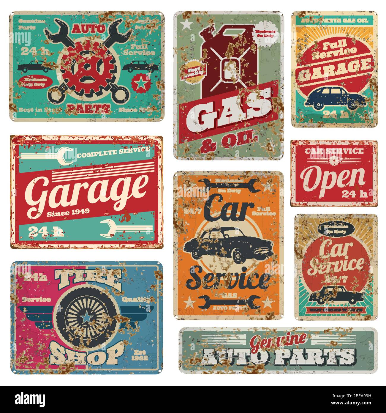 Vintage car service and gas station vector metal signs. Gas station for car, metal grunge banner illustration Stock Vector