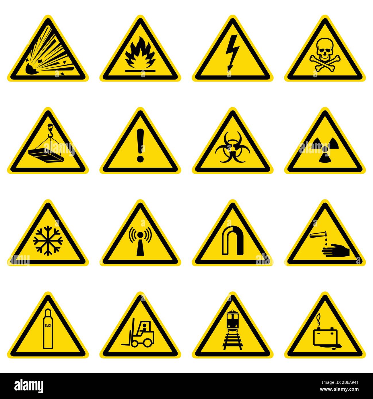 Warning and hazard symbols on yellow triangles vector collection. Safety and caution, risk alert information illustration Stock Vector