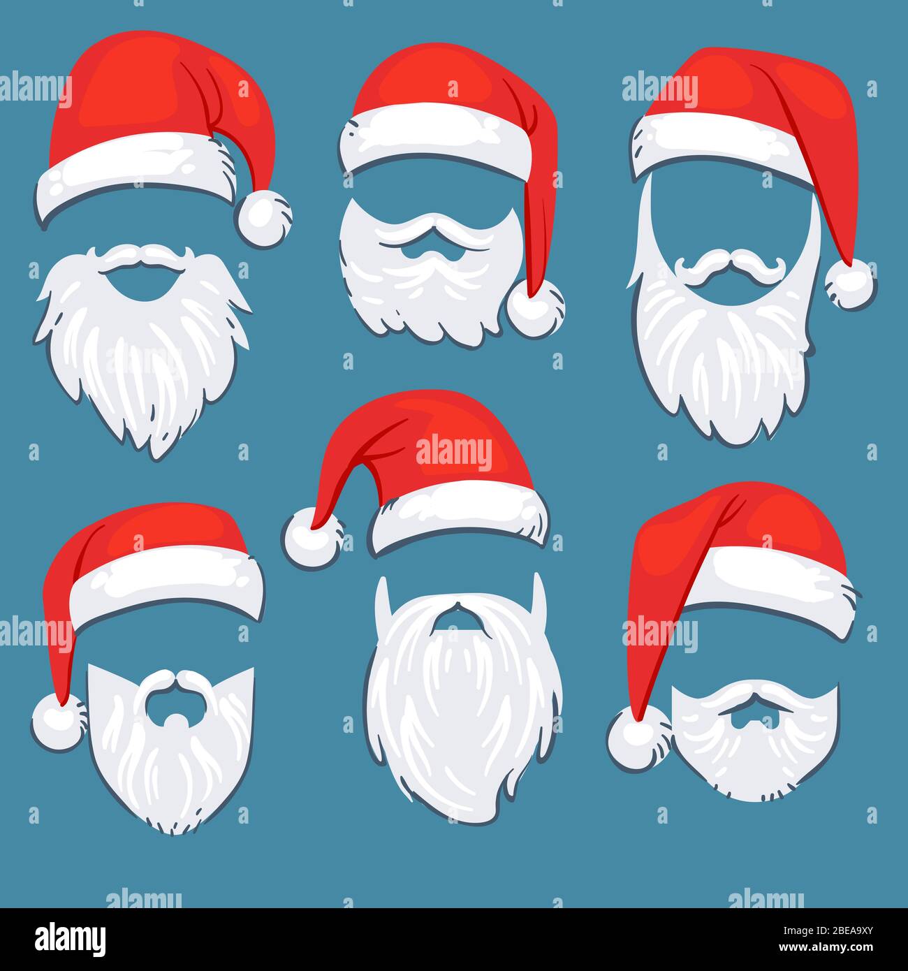 Christmas Santa Claus red hats with white moustache and beards vector set. Santa claus mask with beard for xmas holiday illustration Stock Vector