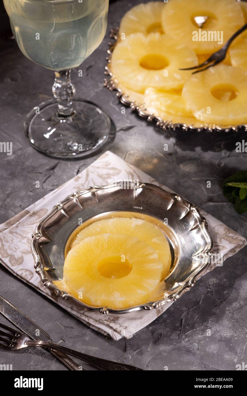 Canned pineapple, cut into rings Stock Photo Alamy