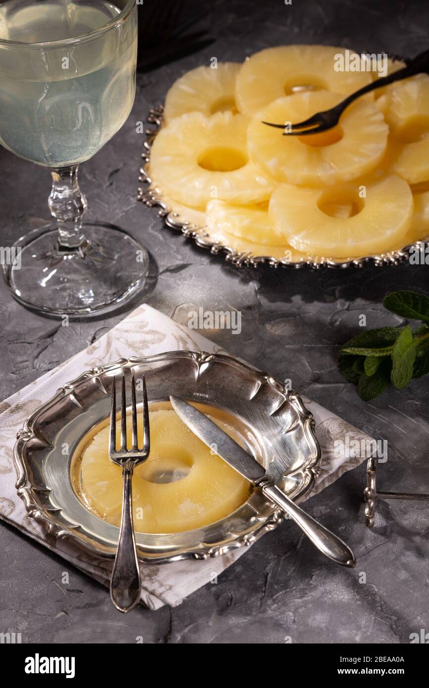 Canned pineapple, cut into rings Stock Photo Alamy